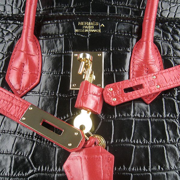 High Quality Fake Hermes Birkin 35CM Crocodile Veins Leather Bag Black/Red 6089 - Click Image to Close